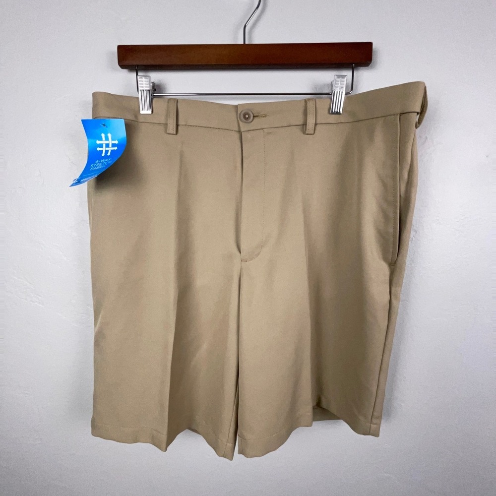 Haggar Shorts Men 36 Tan 4-Way Stretch Flat Front Chino Casual 9" Inseam NWT